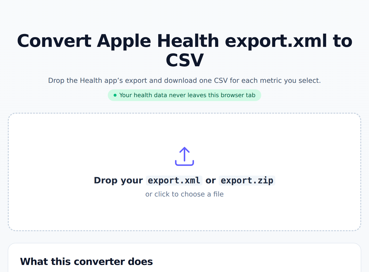 The ahtocsv.com converter: drop your export.xml or export.zip